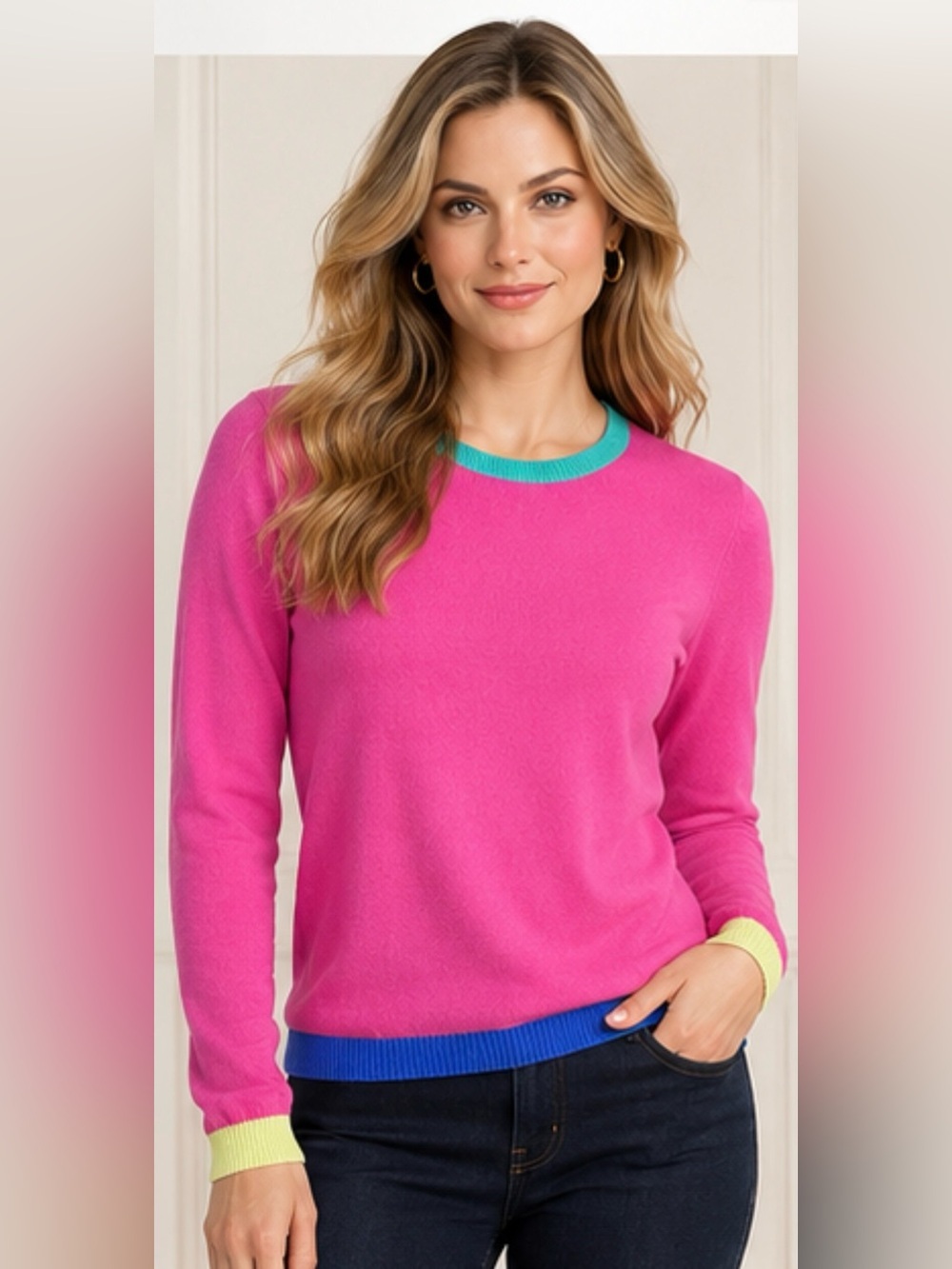 LANDSEND Women's Cashmere Crew Neck Sweater Tee, Colorblock